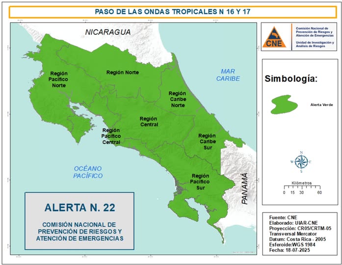 Costa Rica en alerta verde: CNE advierte sobre intensificación de lluvias y riesgos climáticos