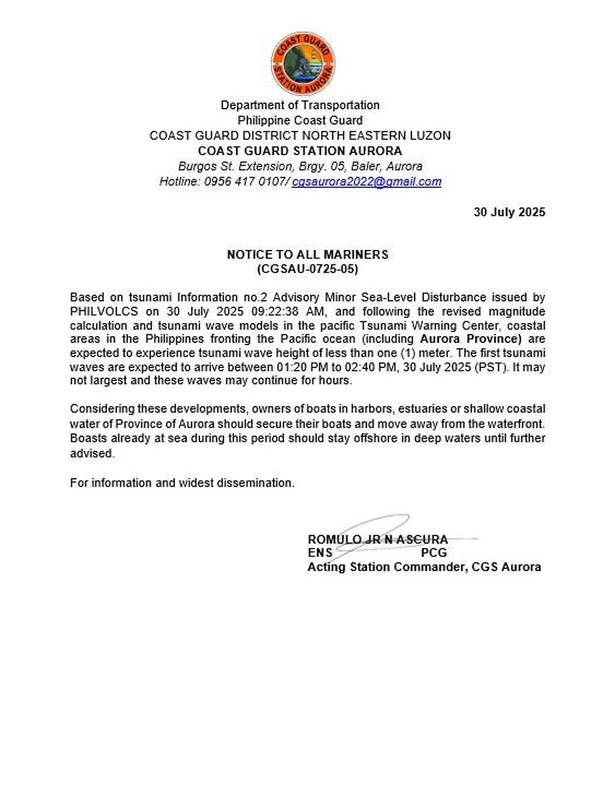 Image d'illustration pour: CGS Aurora orders vessels to brace for possible tsunami