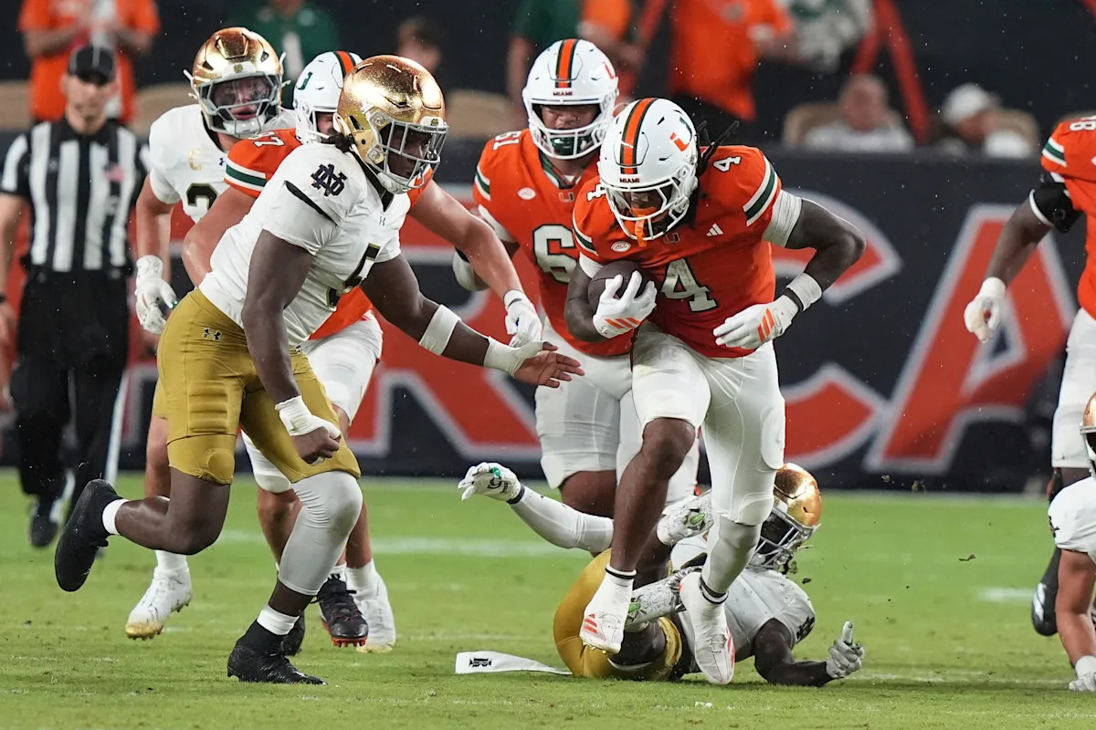 Image d'illustration pour: No. 10 Miami digs in late, tops No. 6 Notre Dame 27-24 in a thriller
