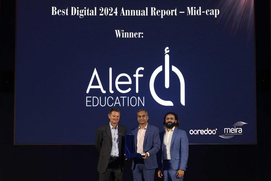 Image d'illustration pour: "ألف للتعليم" تفوز بجائزتي أفضل تقرير سنوي رقمي لعام 2024 وأفضل تقرير سنوي ما بعد الطرح الأولي العام خلال المؤتمر السنوي لجمعية علاقات المستثمرين في الشرق الأوسط "ميرا 2025"