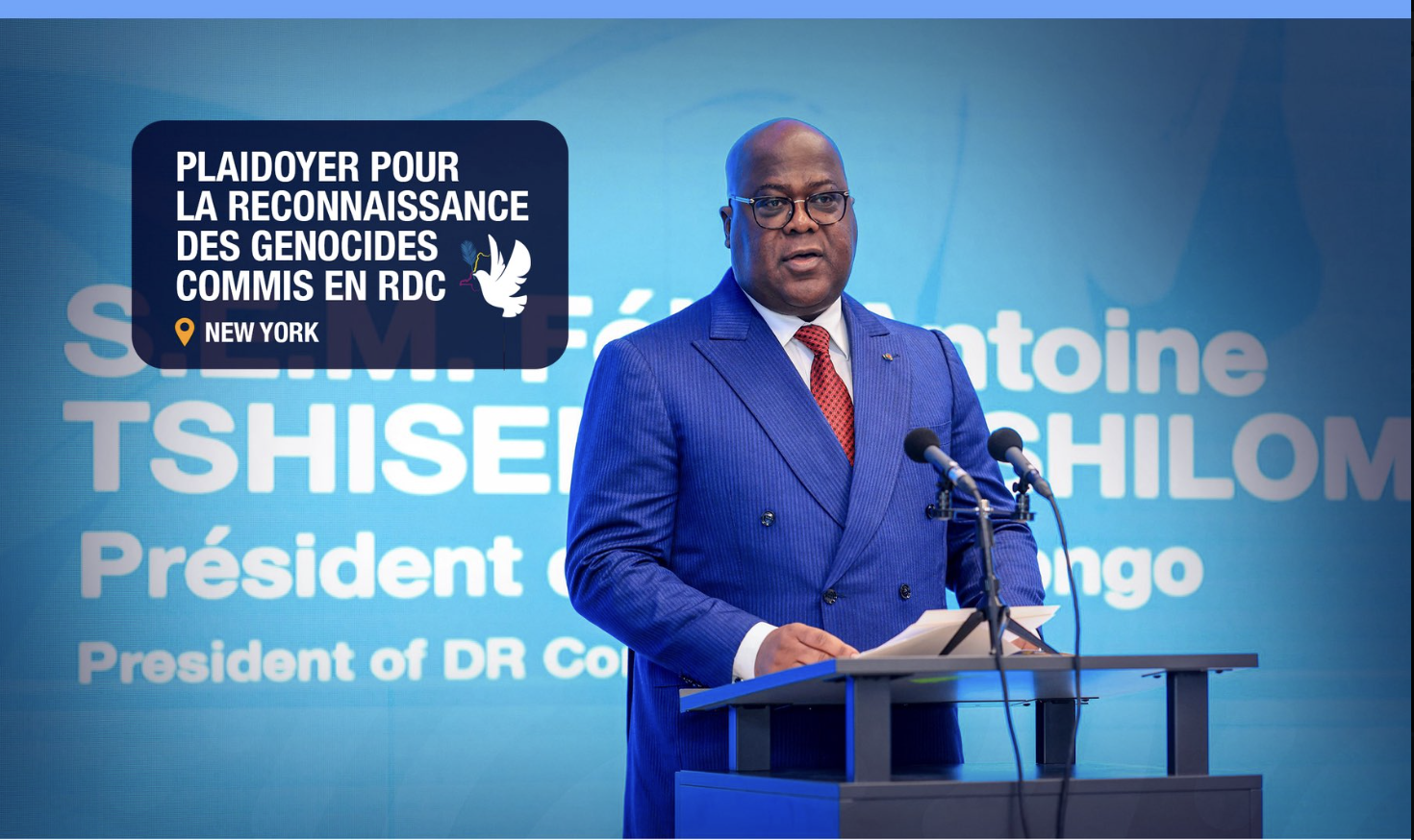 Félix Tshisekedi prononçant un discours à New York, plaidant pour la reconnaissance des génocides commis en République démocratique du Congo, lors d’une session de l’ONU.
